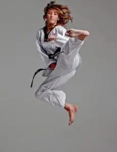 Jade Jones in an acrobatic taekwondo move