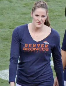 Missy Franklin in a casual look with her Denver Broncos blue shirt